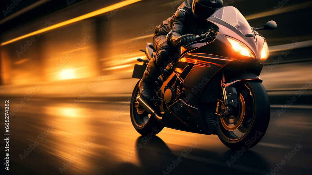 Sports motorcycle biker rider on blurred motion highway