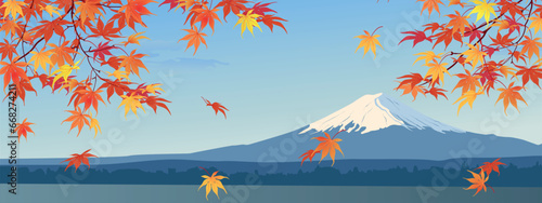Autumn branches on the background of Mount Fuji. Mid-autumn is the time of leaf fall. The red leaves of the Japanese maple fall off, fluttering in the wind. Vector illustration.