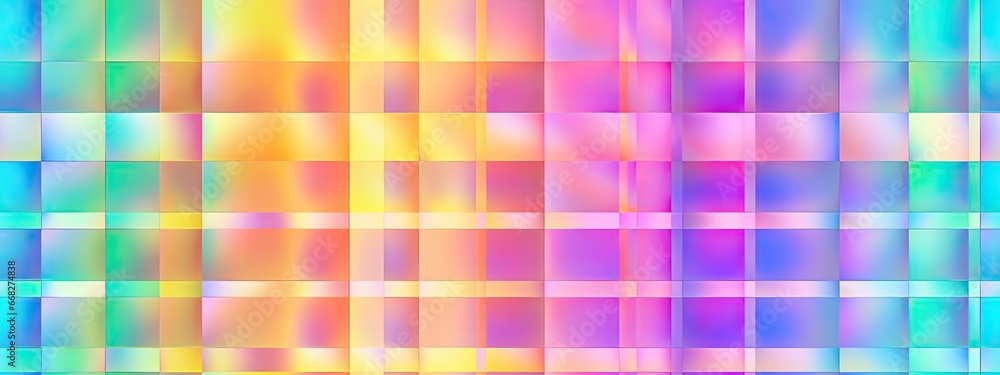Seamless webpunk aesthetic futurism glass refraction square mosaic faded rainbow ombre pattern. Trendy iridescent holographic heatmap neon gradient gingham checkers background texture