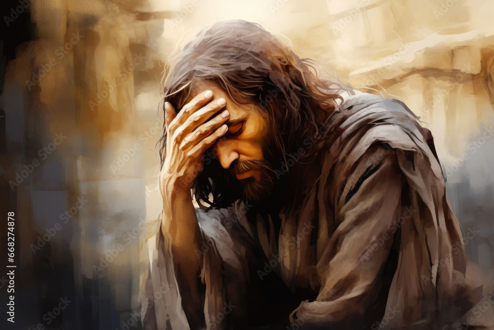Naklejka premium Sacred Sorrow: Artistic Rendition of Jesus' Mourning