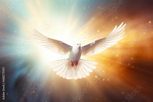 Divine Soar: Dove Amidst Ethereal Celestial Glow © Andrii 