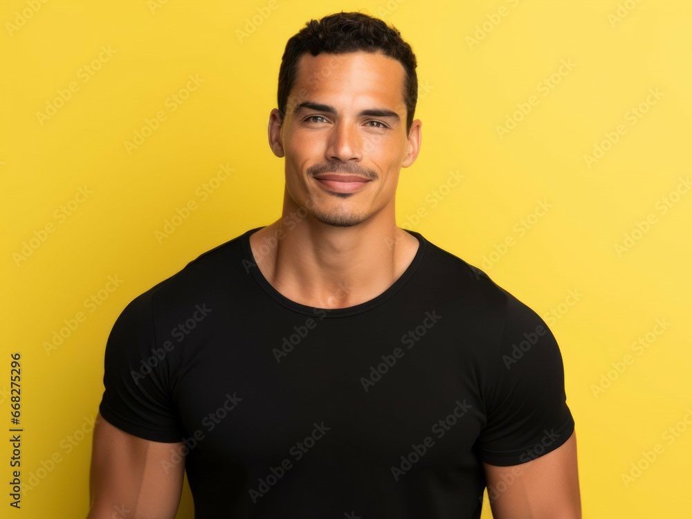 Close-Up Portrait of a Fictional Handsome & Confident Man in Casual Blank t-Shirt. Isolated on a Plain Colored Background. Generative AI. Close-Up Portrait of a Fictional Handsome & Confident Man in Casual Blank t-Shirt. Isolated on a Plain Colored Background. Generative AI.