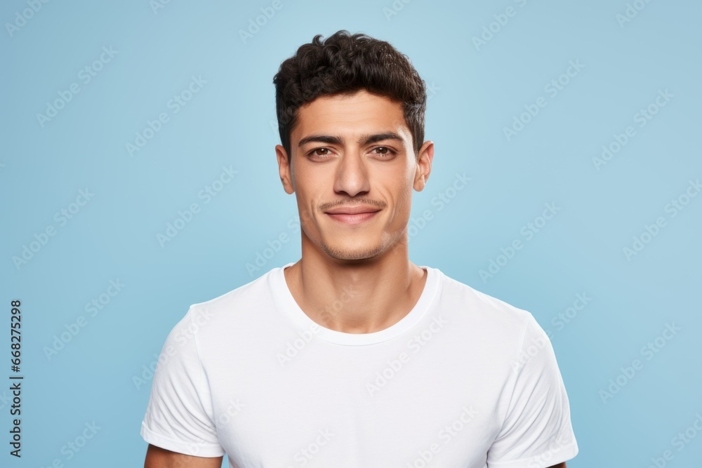 Close-Up Portrait of a Fictional Handsome & Confident Man in Casual Blank t-Shirt. Isolated on a Plain Colored Background. Generative AI. Close-Up Portrait of a Fictional Handsome & Confident Man in Casual Blank t-Shirt. Isolated on a Plain Colored Background. Generative AI.