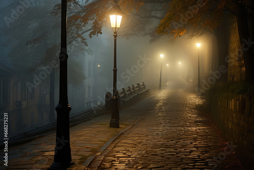 Romantic Foggy Night with Lamplight