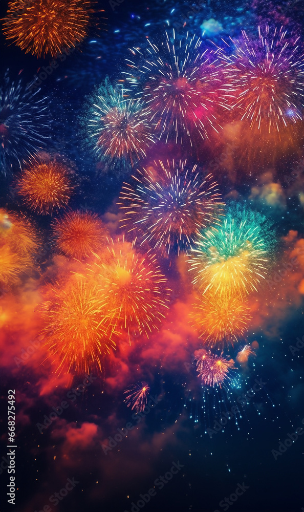 Happy New Year 2024 background. Beautiful holiday web banner Happy New Year 2024 sparklers on festive firework background. Colorful magical firework in the sky.
