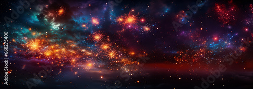 Happy New Year 2024 background. Beautiful holiday web banner Happy New Year 2024 sparklers on festive firework background. Colorful magical firework in the sky.