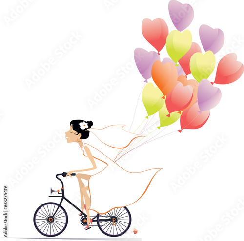 Pretty bride with air balloons riding a bicycle. 
Pretty bride in the white dress and wedding veil rides a bike with a lot of air balloons. Isolated on white
