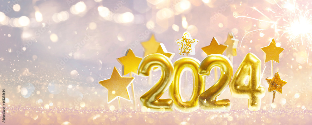 Golden numbers 2024 and stars with sparklers and confetti. Holiday background Golden numbers 2024 and stars with sparklers and confetti. Holiday background