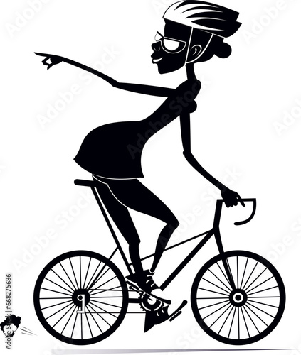 Cartoon woman rides a bike. 
Smiling woman in helmet on the bike looking back laughs and points a finger to someone or something. Black and white
