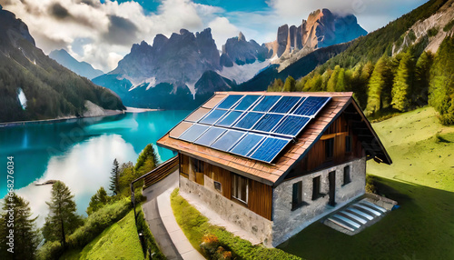 Drone-captured image, rustic house with solar panels on the roof