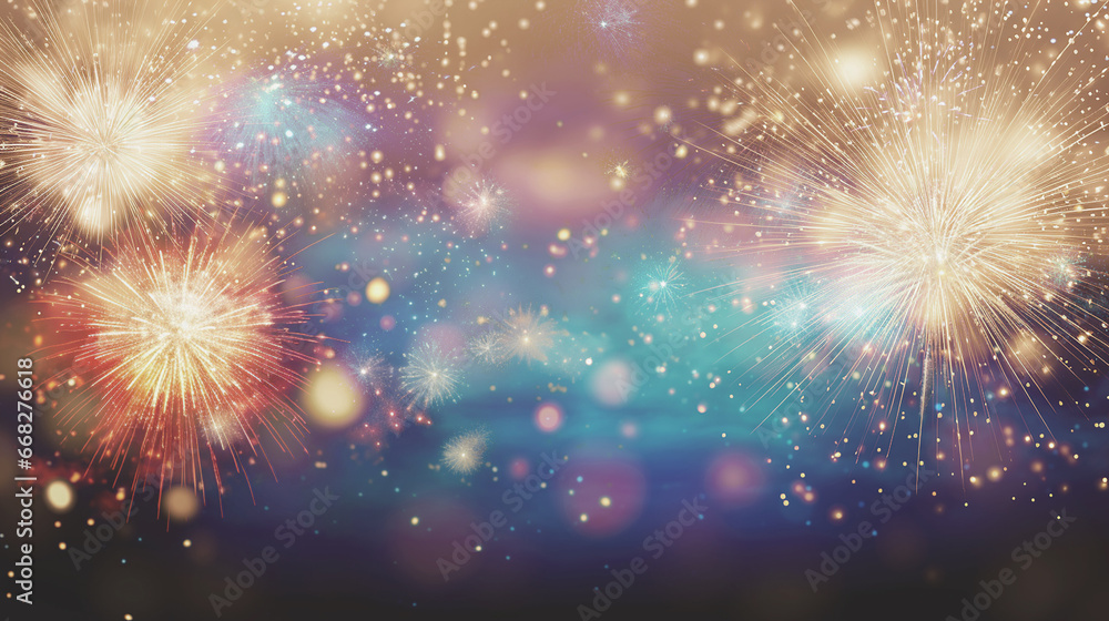 Fototapeta premium Fireworks at New Year and copy space - abstract holiday background