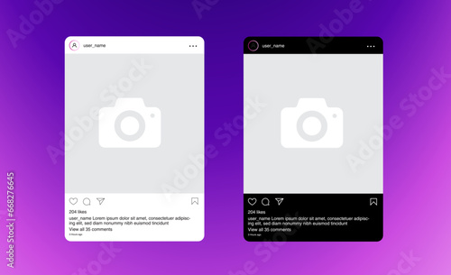 trendy gradient purple instagram post template in dark and light mode, social media post interface ui 