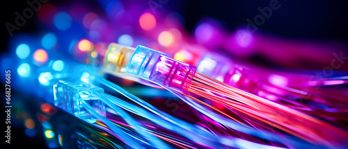 network cable close up with fiber optic background and bokeh light