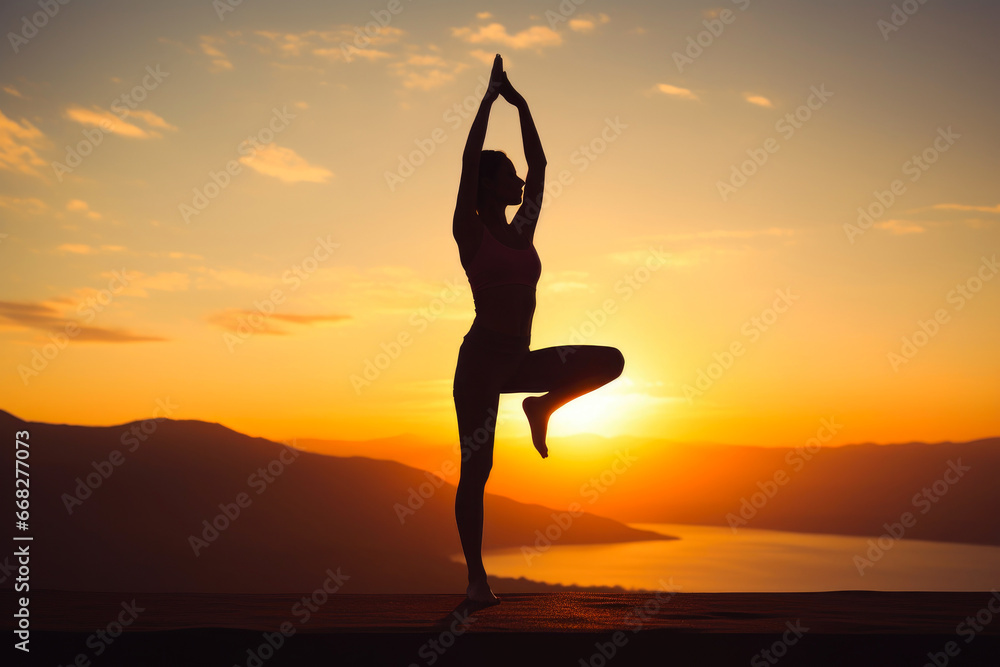 Yoga Harmony: Fit Woman Balancing Body and Soul in Sunset's Glow