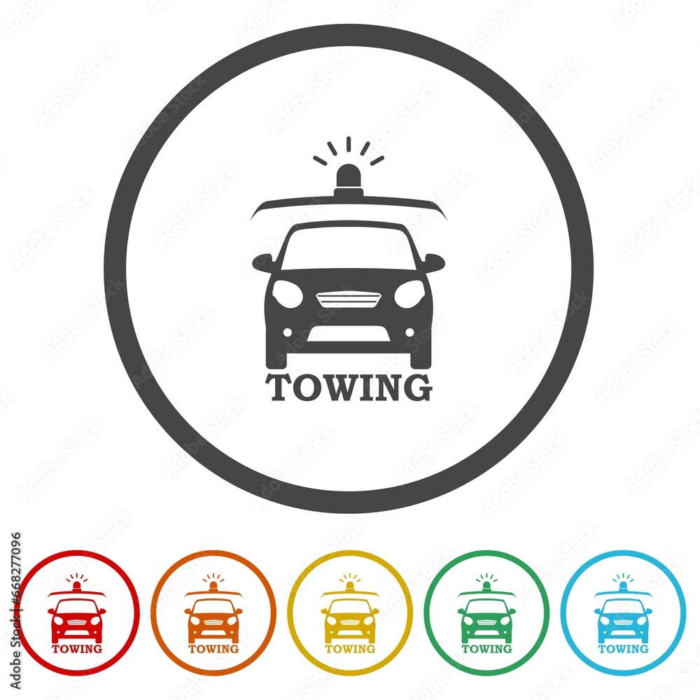 Towing icon. Set icons in color circle buttons Towing icon. Set icons in color circle buttons