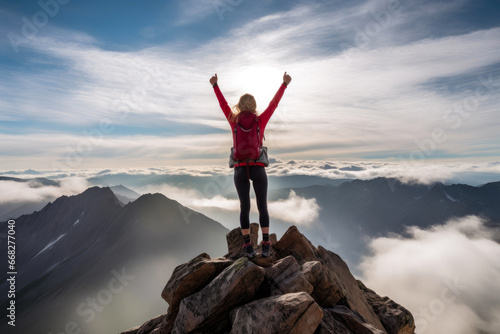Determined Woman Scaling Mountain Summit