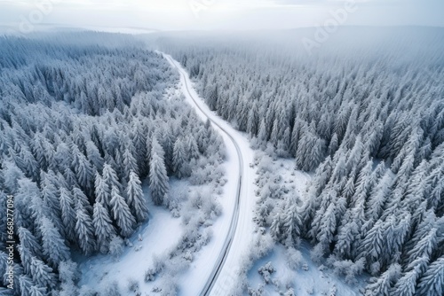 bird-eye wide angle aerial view of a serpantine road in winter forests photo