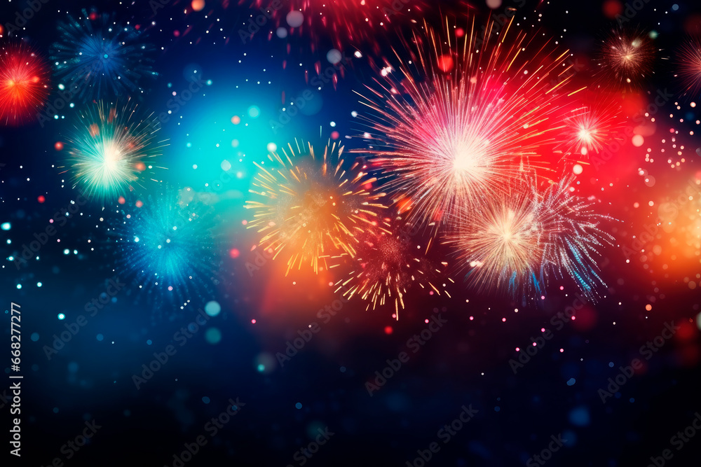 Fireworks at New Year with copy space on blue background