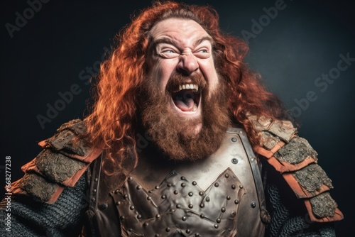 a big redhead curly dwarf is really excited, happy man concept photo
