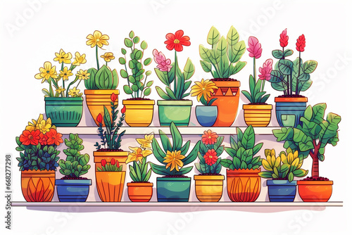 A lot of potted plants on white background