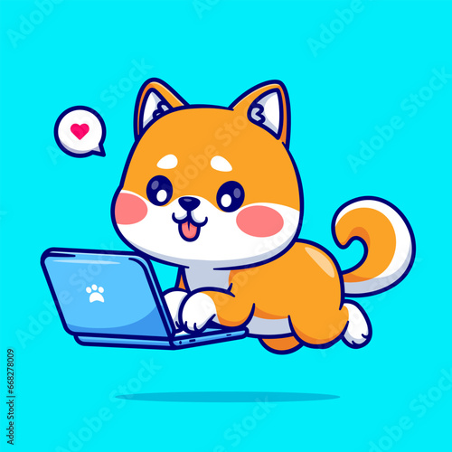 Cute Shiba Inu Dog Working On Laptop Cartoon Vector Icon
Illustration. Animal Technology Icon Concept Isolated
Premium Vector. Flat Cartoon Style