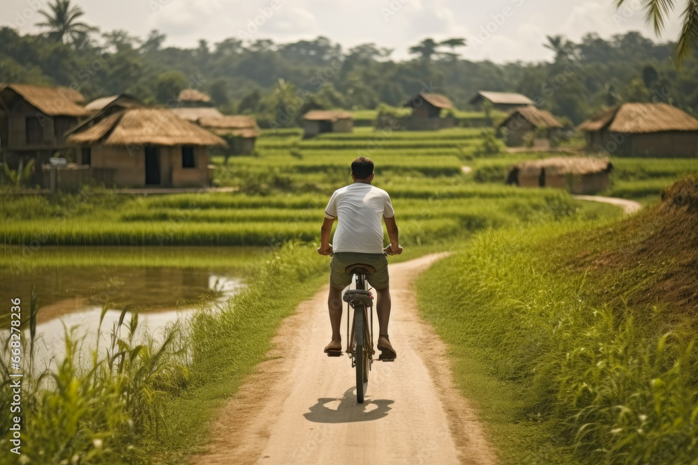 Serene Asian Cyclist Amidst Scenic Countryside Serene Asian Cyclist Amidst Scenic Countryside