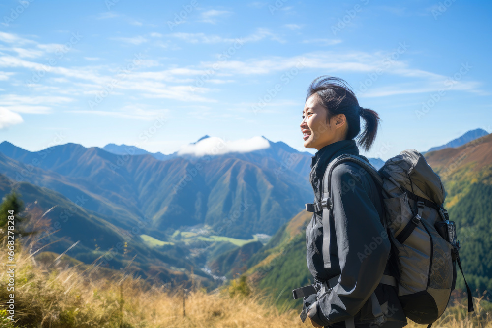 Joyful Asian Hiker Admiring Breathtaking Mountain Landscape