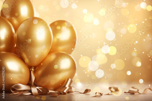 Festive background with golden balls and boke lights.
