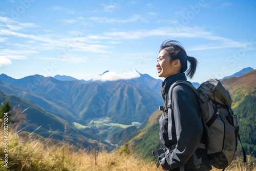 Joyful Asian Hiker Admiring Breathtaking Mountain Landscape