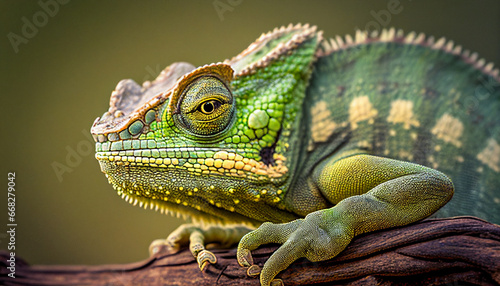 A green chameleon  emphasizing the intricate details of its scales and texture generative ai