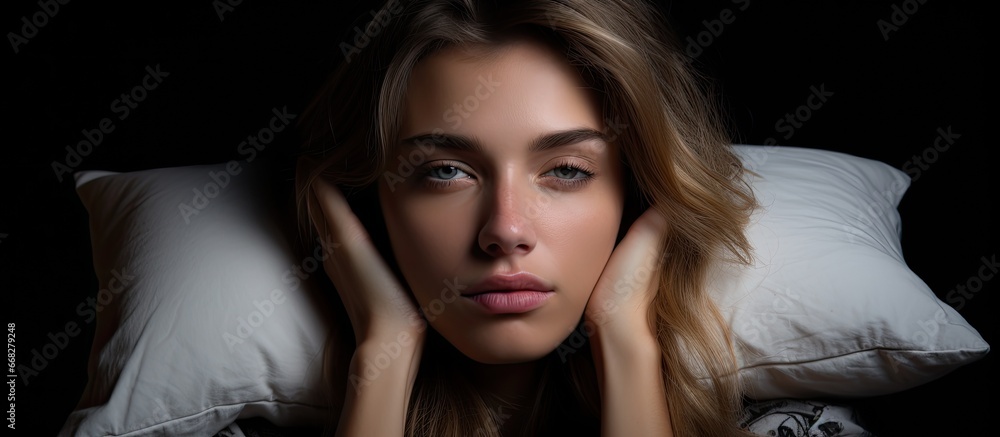 Insomniac woman in dark room covers ears with pillow eyes wide open Insomniac woman in dark room covers ears with pillow eyes wide open