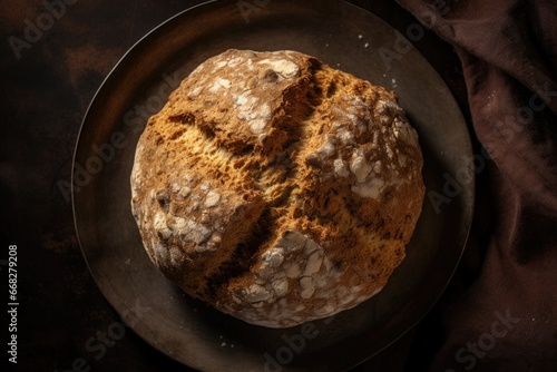 An overhead shot of a plate of freshly baked Irish soda bread, highlighting its rustic texture and golden crust. Saint Patrick's Day. photo