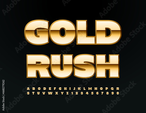 Vector premium template Gold Rush. Luxury metallic Font. 3D elite Alphabet Letters and Numbers set