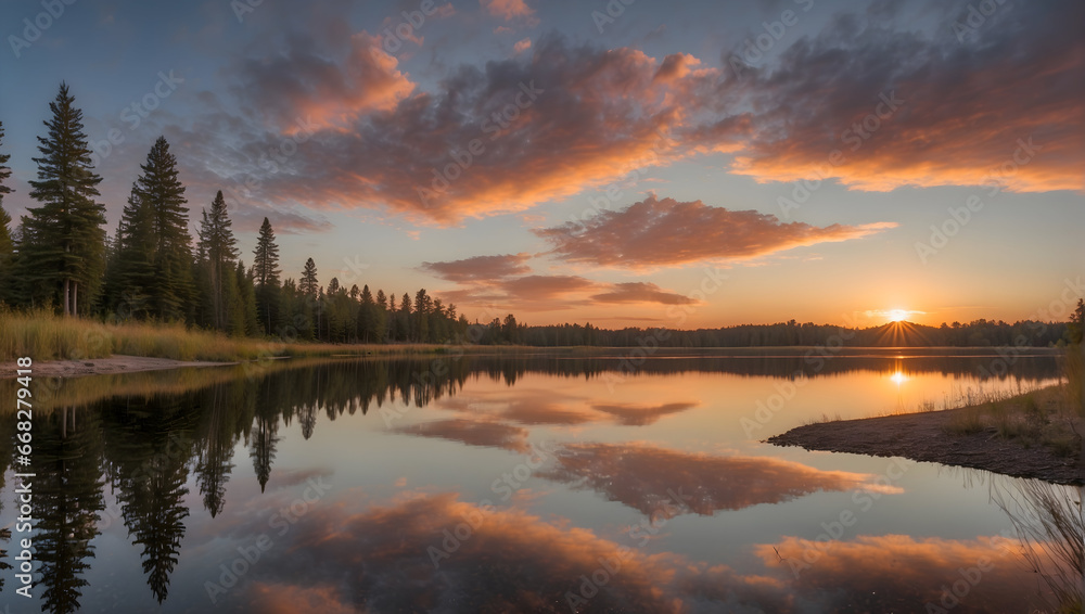 A serene lake reflecting the colors of a sunset sky.