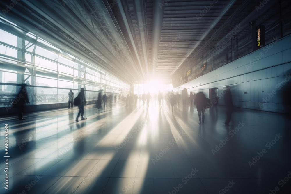 Travelers moving in morning light in airport or train terminal