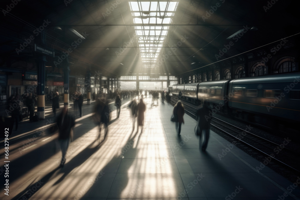 Sunlit train station bustling with people, shadows cast by windows Sunlit train station bustling with people, shadows cast by windows