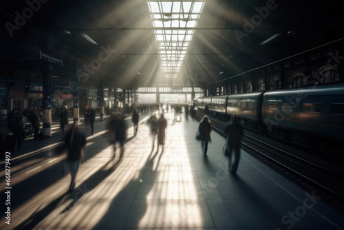 Sunlit train station bustling with people  shadows cast by windows