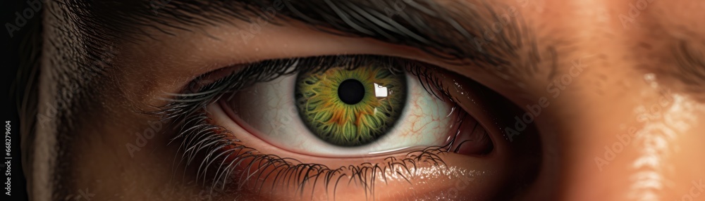 Green and hazel. close-up macro photography. Human eye. Man, male, masculine, he. Cornea, Iris, Pupil, Lens, Retina - obrazy, fototapety, plakaty 