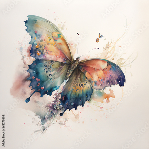 A watercolor painting of a butterfly in flight - Generative AI