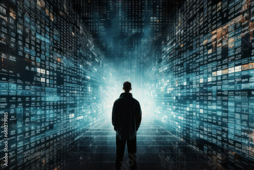 Person stands among information flows, the space around him is filled with various text data and digital data, Information overload, Digital transformation concept.