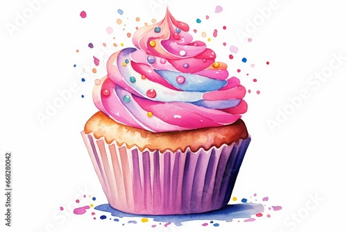 Watercolor cupcake with pink frosting and sprinkles on white background. AI generated