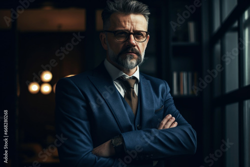 Successful attractive confident businessman with gray hair in an expensive suit in the office, portrait of a handsome middle-aged man