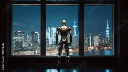 A robot with a human-like body, standing in front of a large window overlooking a city skyline