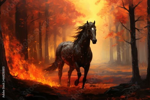 Nocturnal Fire horse in night forest. Fog fantasy night. Generate Ai