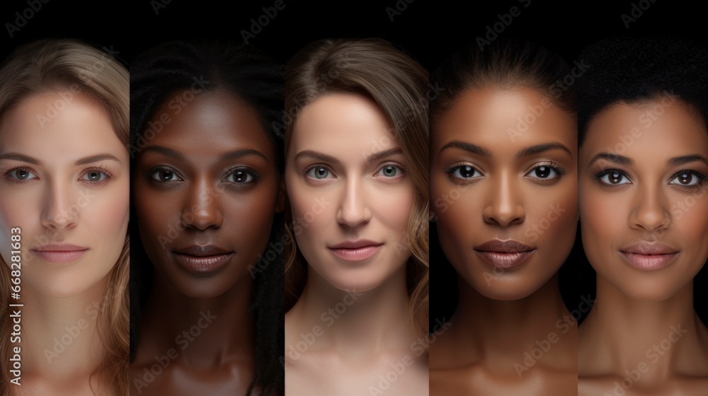 face of beautiful women of different ethnicities and ages of the world on black background