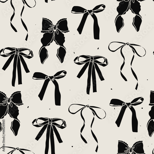 Various black Bow knots, tie ups, gift bows. Hand drawn trendy Vector illustration. Wedding celebration, holiday, party decoration, gift, present concept. Square seamless Pattern, background