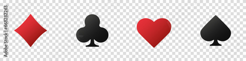Hearts, clubs, diamonds and spades on an isolated transparent background. Set collection gambling sign symbol of playing card suits and chips for poker and casino.