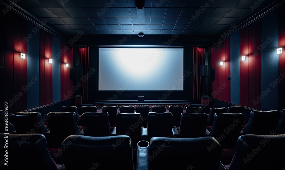 Photo of an empty movie theater with a large screen