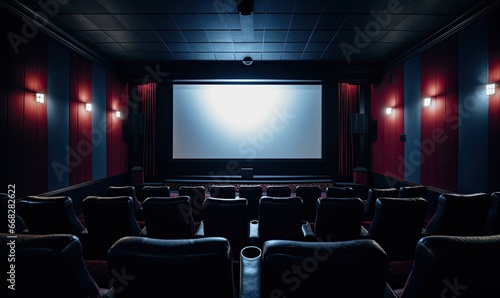 Photo of an empty movie theater with a large screen
