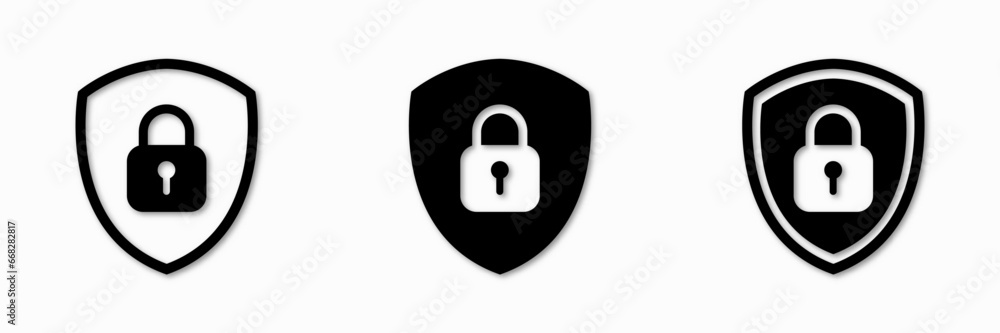 Set of Shield Lock and Unlock Icon. Symbol padlock. Vector sign Illustration on a white background. Set of Shield Lock and Unlock Icon. Symbol padlock. Vector sign Illustration on a white background.